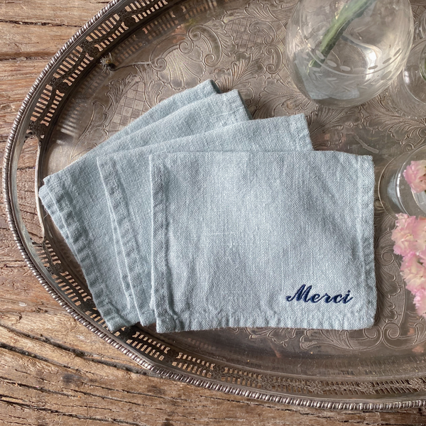 “Merci” Embroidered Cocktail Napkins