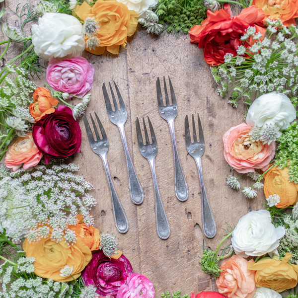 Set of 5 Silver-Plated Dessert Forks with Beaded Border