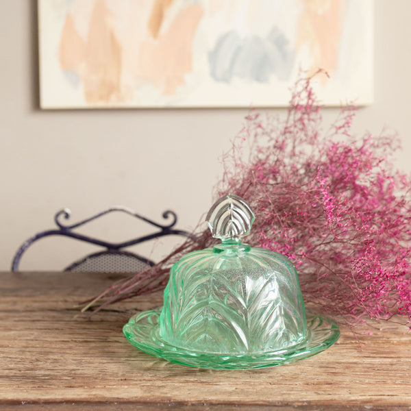 Antique green depression glass dessert platter with bell cover | sold on www.madamedelamaison.com