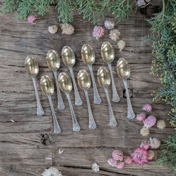 Set of 10 Silver-Plated Art Deco Teaspoons with Gold Bowl