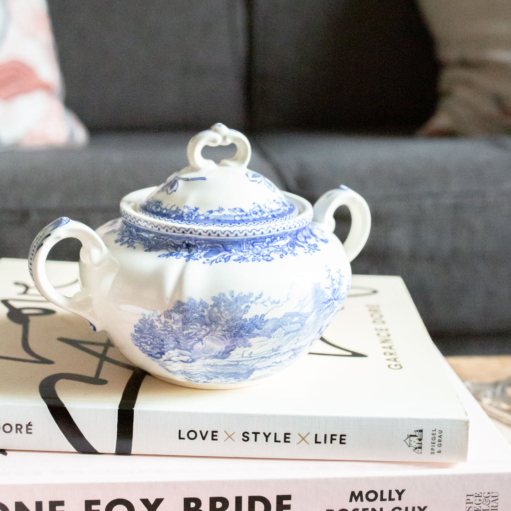 Antique Vintage Blue and White Villeroy & Boch "Burgenland" sugar caddy sold on Madame de la Maison www.madamedelamaison.com