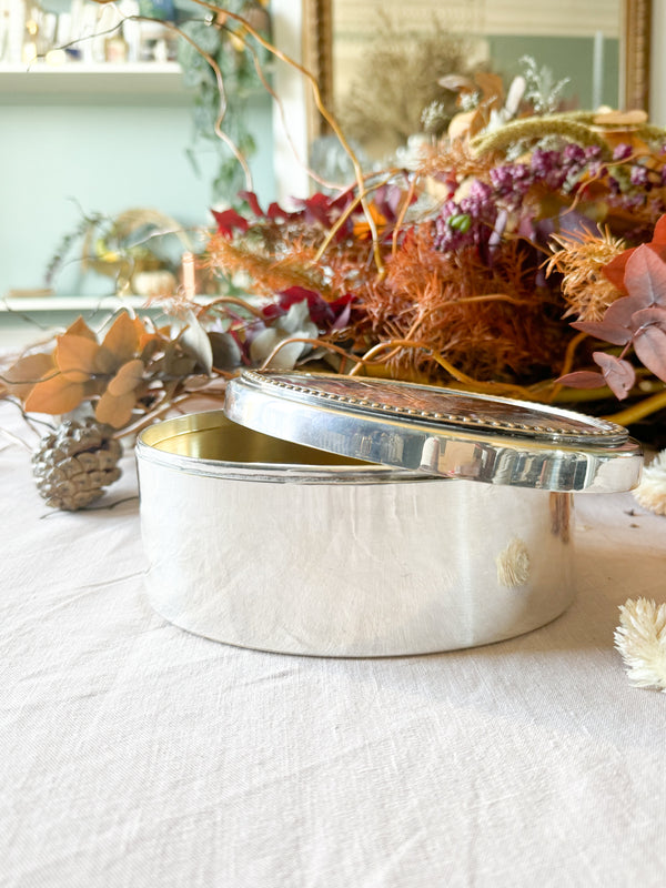 Antique Silver-Plated Oval Trinket Box with Beaded Edge