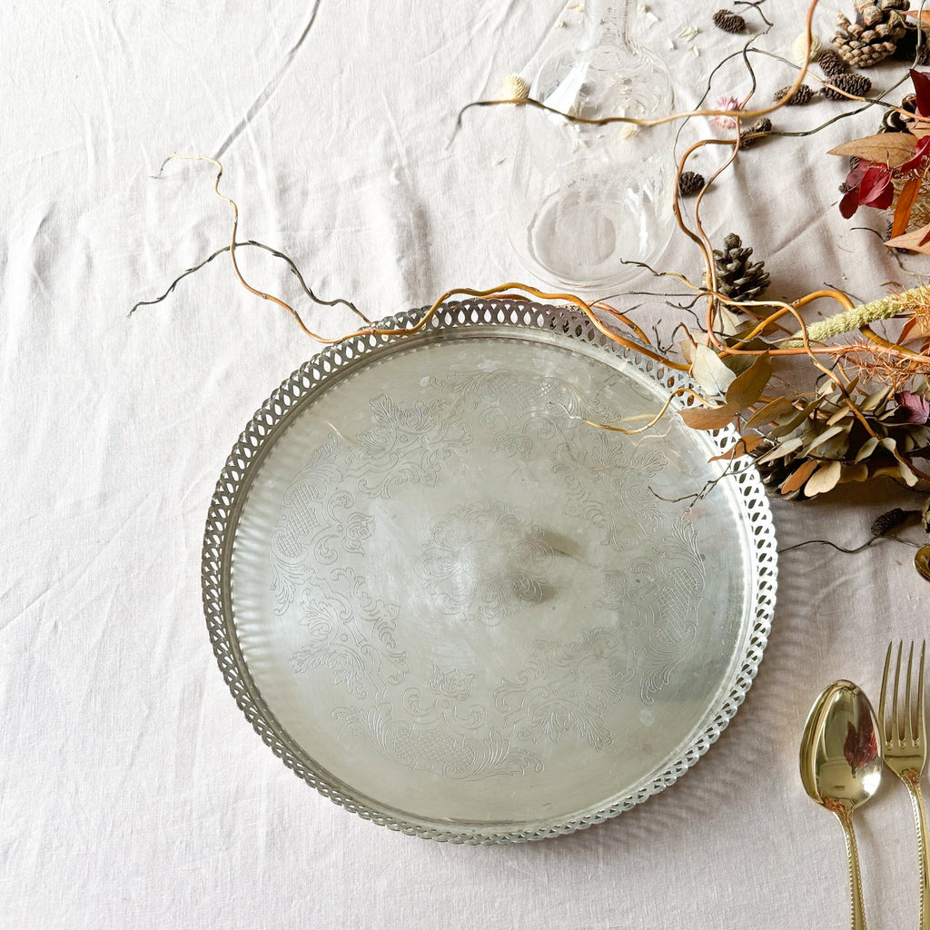 Silver-Plated Pierced Gallery Tray with Engraved Surface