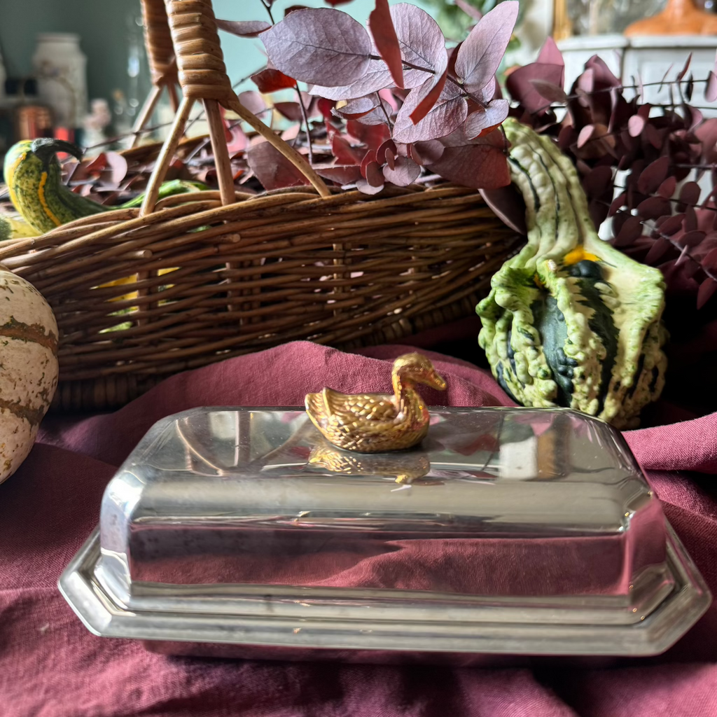 Butter Dish with Gold Duck Handle