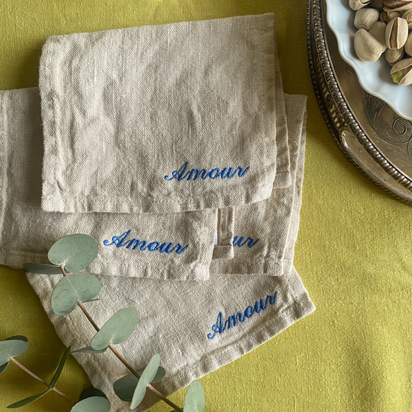 “Amour” Embroidered Cocktail Napkins