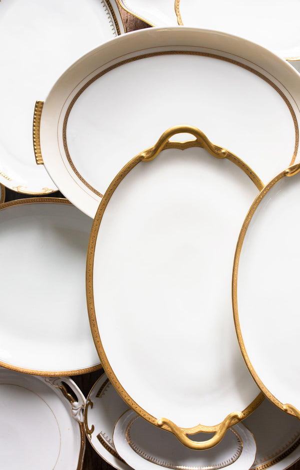 Antique gold and white rental serving dishes from Madame de la Maison 