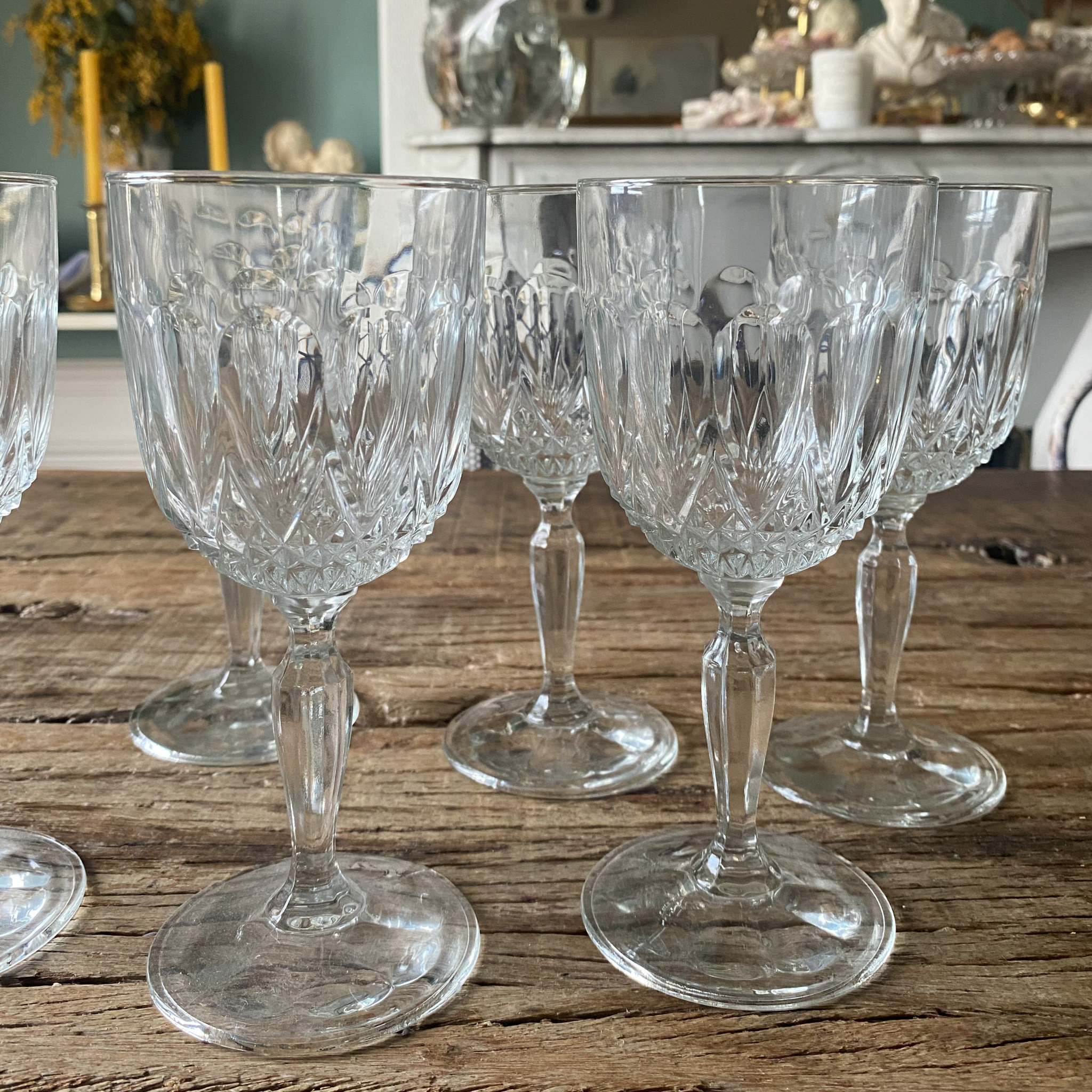 Crystal Wine Glasses Set of 6, Vintage Cut Crystal Stemware, Old