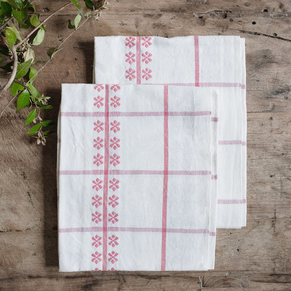 Pair of 2 Dusty Rose and White Kitchen Towels
